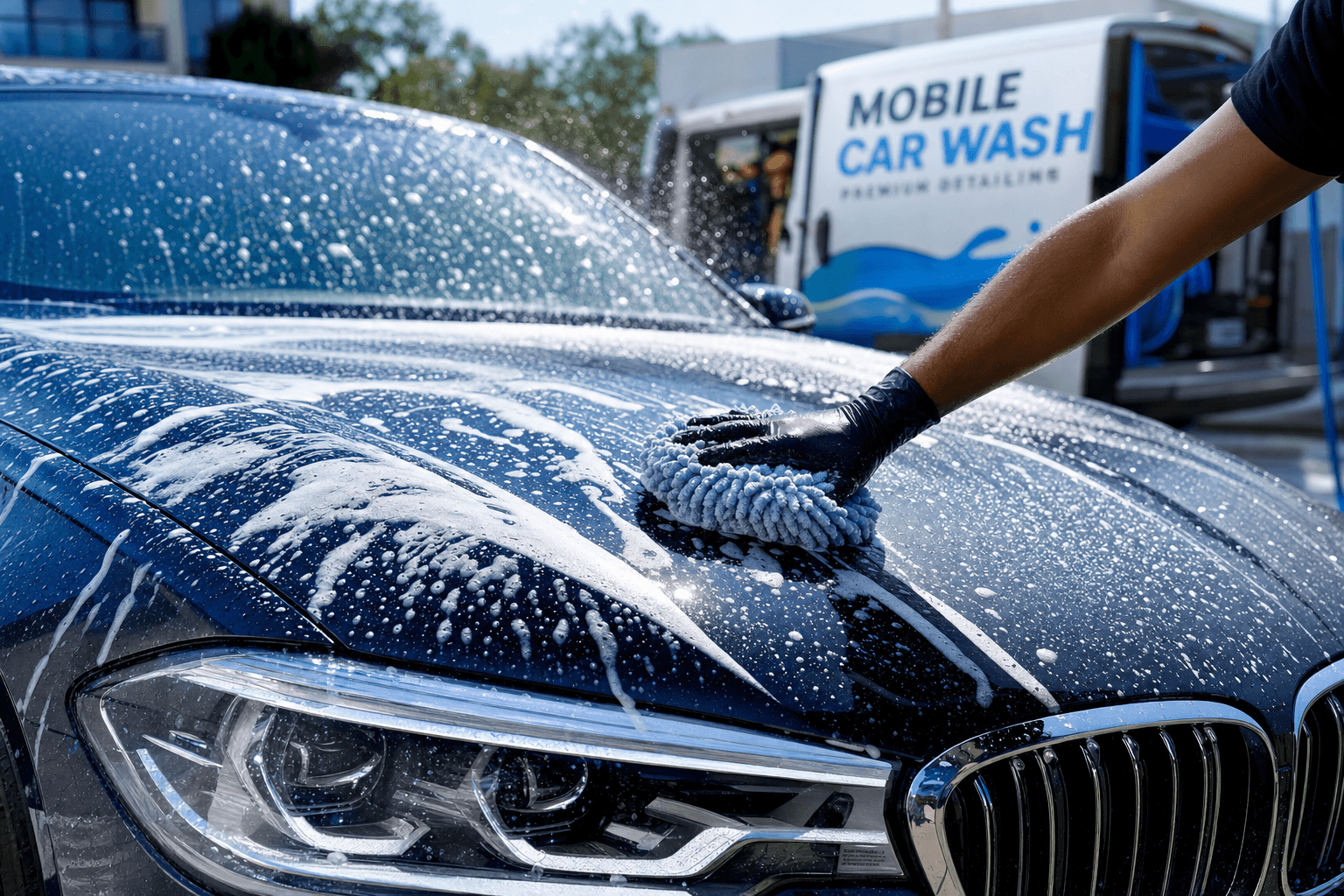 Water beading on a freshly washed blue car hood with microfiber cloth nearby
