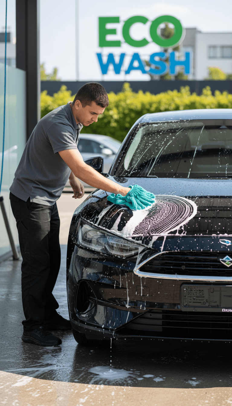 Professional car washer applying eco-friendly soap with microfiber mitt on clean vehicle in bright daylight
