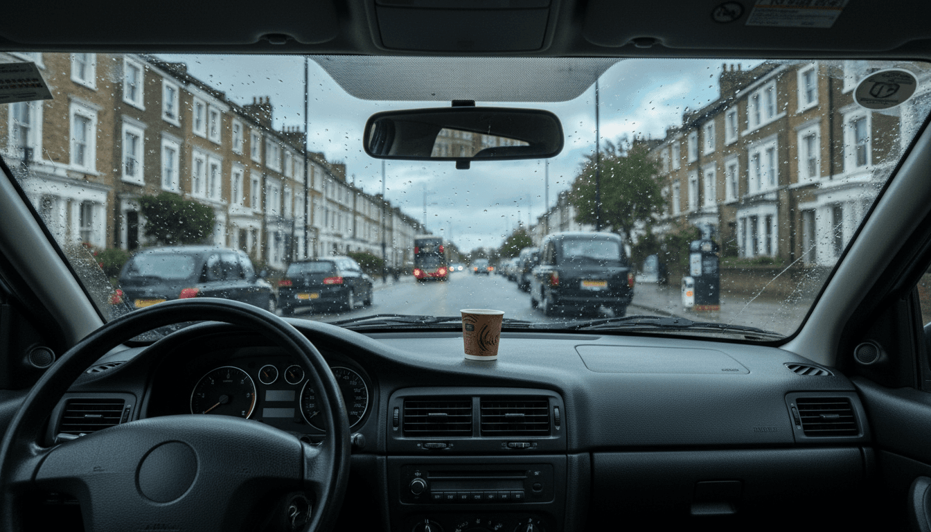 View through a car windscreen showing the dashboard inside