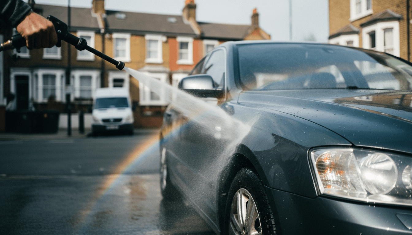 High-pressure water spray hitting the side of a car on a London street