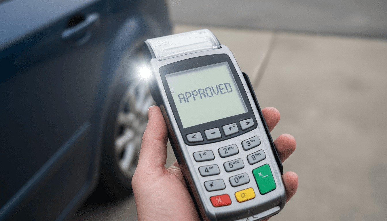 Close-up of a contactless payment terminal showing 'Approved'