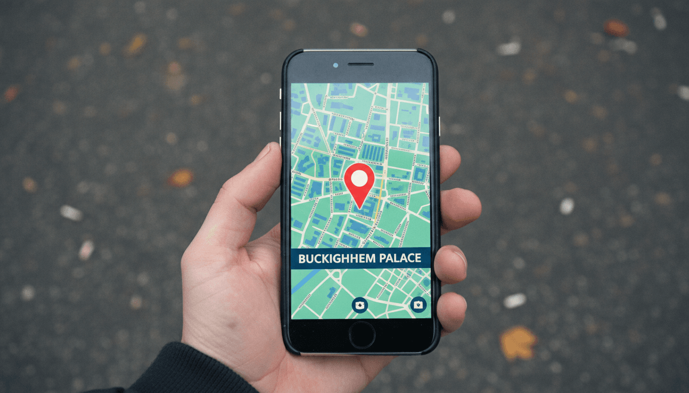 Overhead view of a smartphone with a map showing a pinned location
