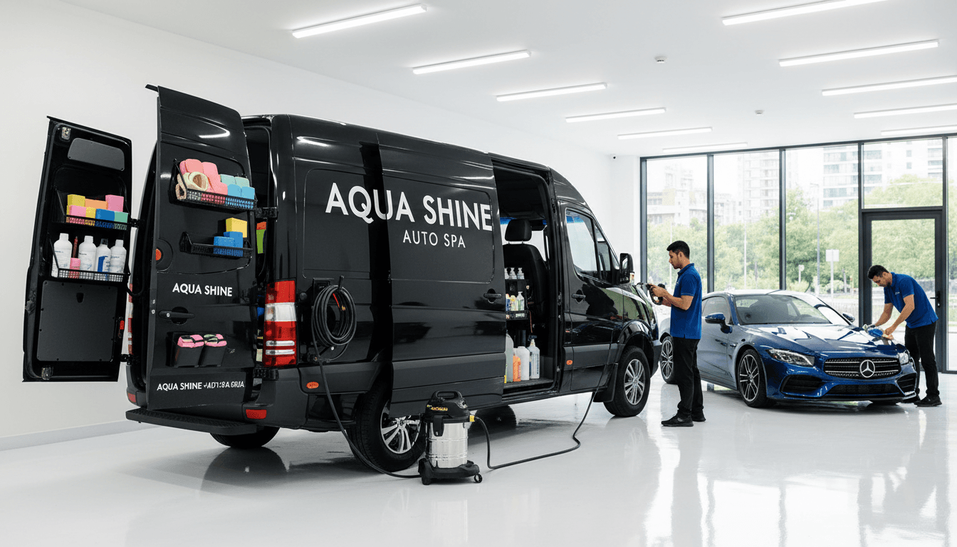 Professional car wash service with a modern van and cleaning equipment in a bright and clean environment