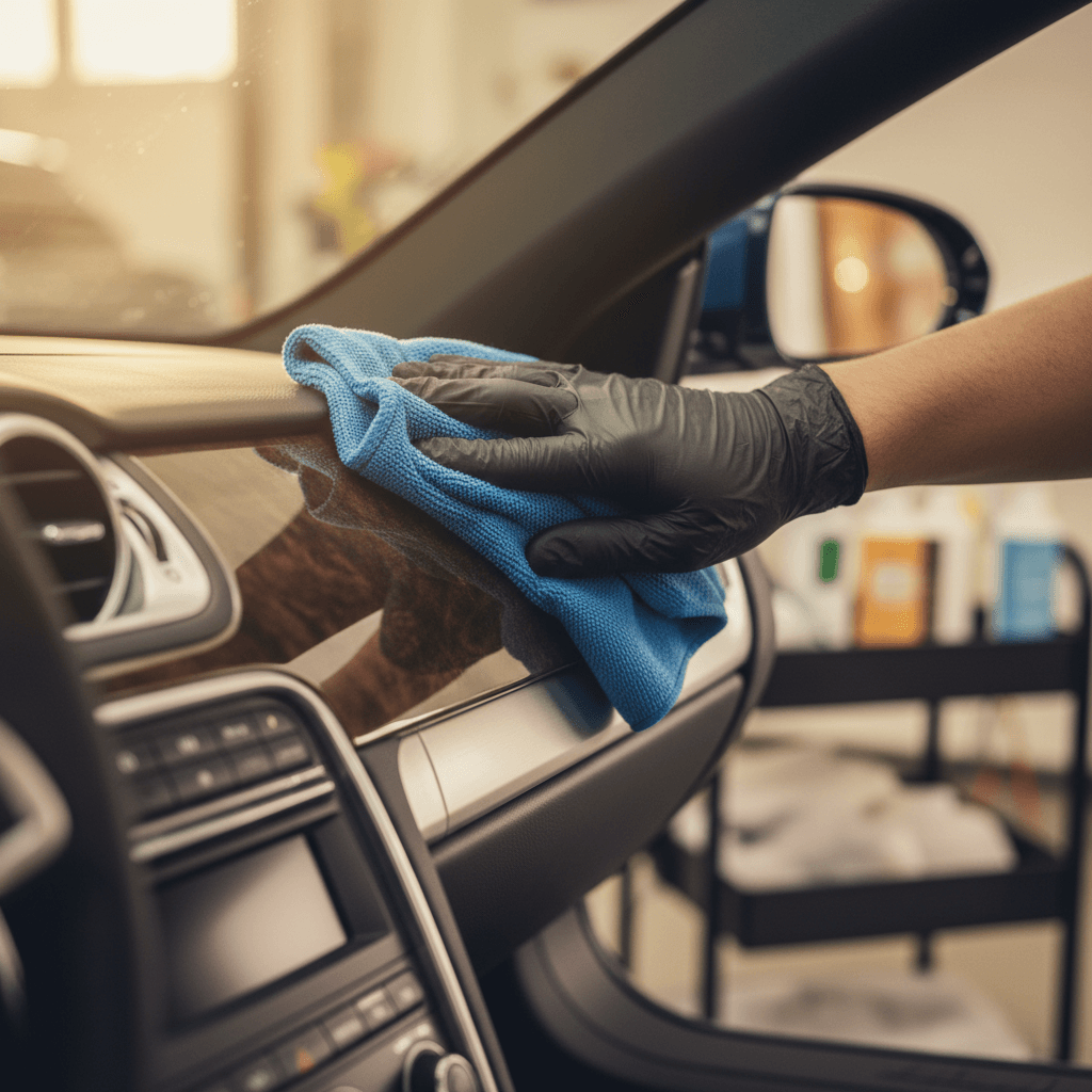 Close up of car dashboard being wiped with a microfiber cloth