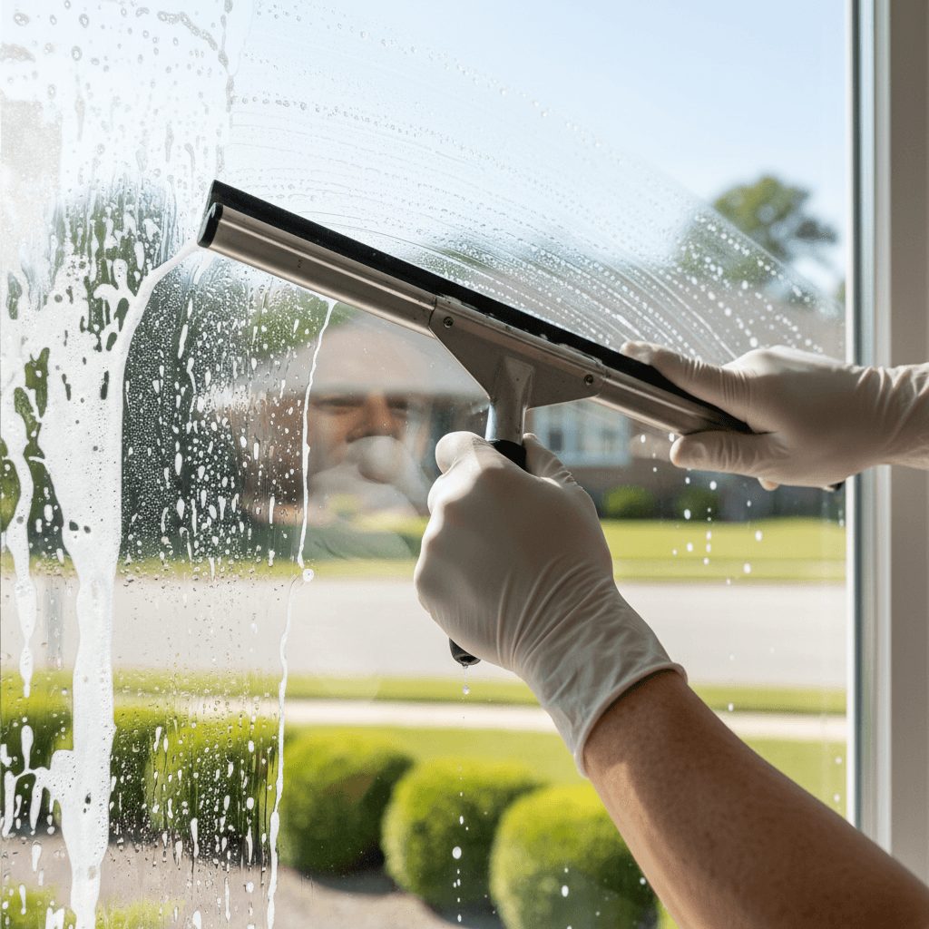 Hand wiping car windshield with a squeegee and cloth