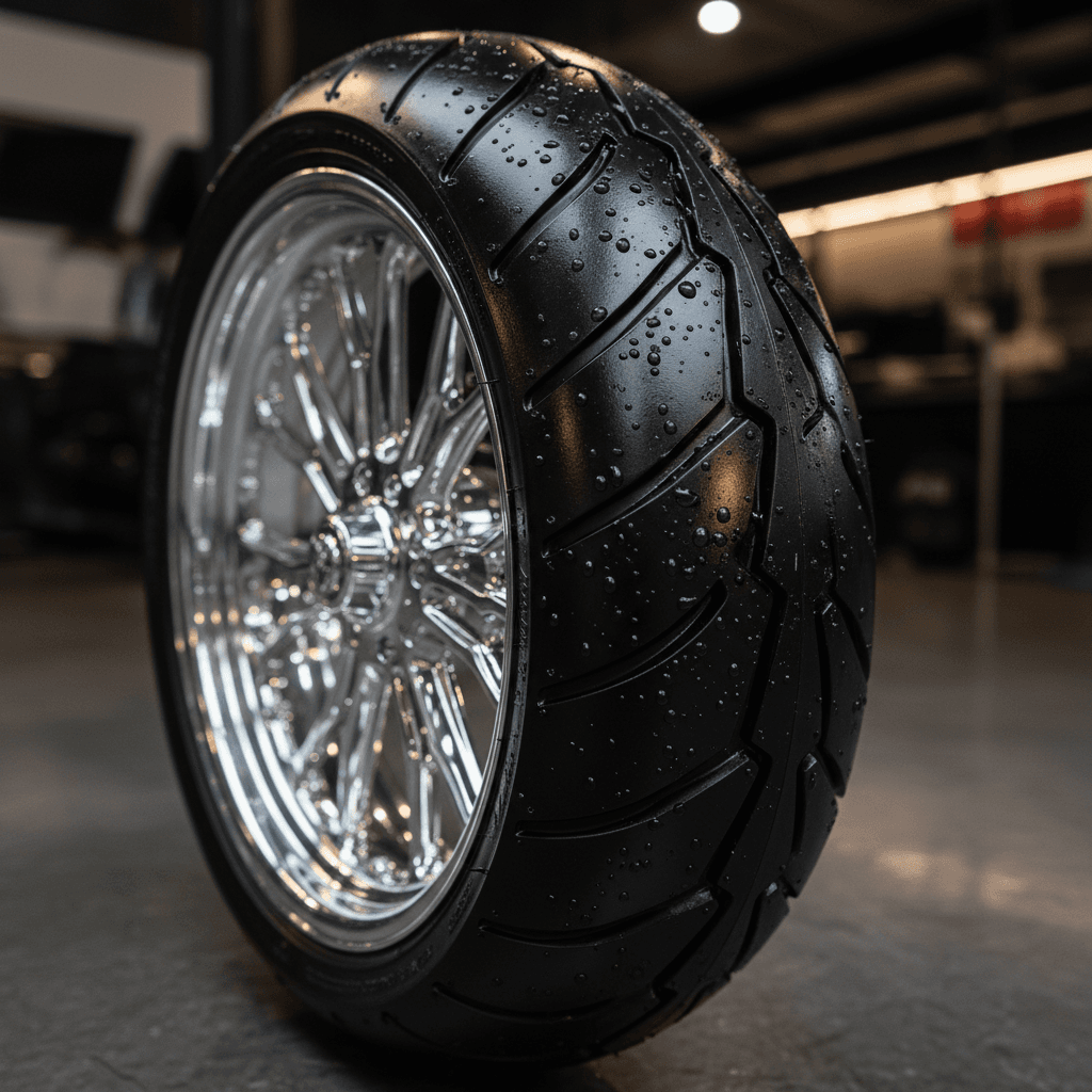 Car tyre with shiny clean sidewall after being detailed
