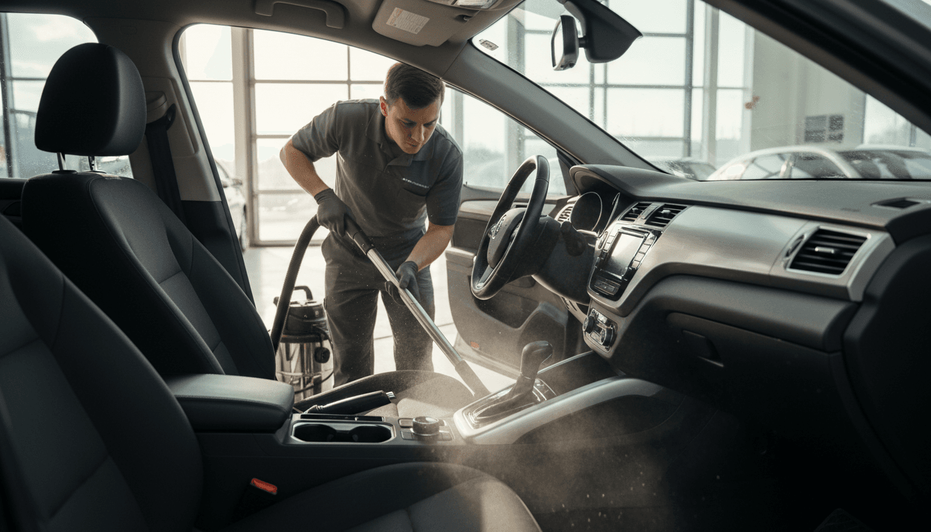 Person vacuuming car interior seats and floor mats