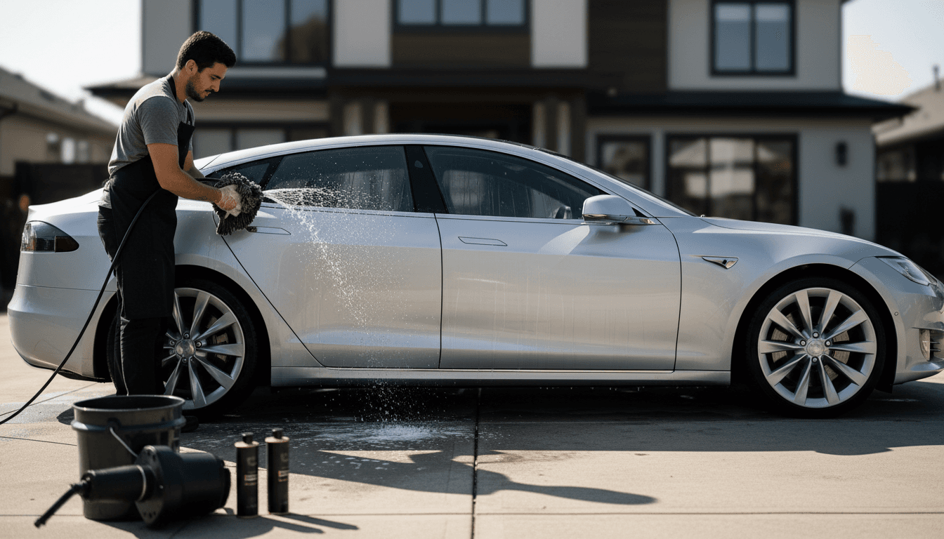 Person washing car exterior with soapy sponge and hose